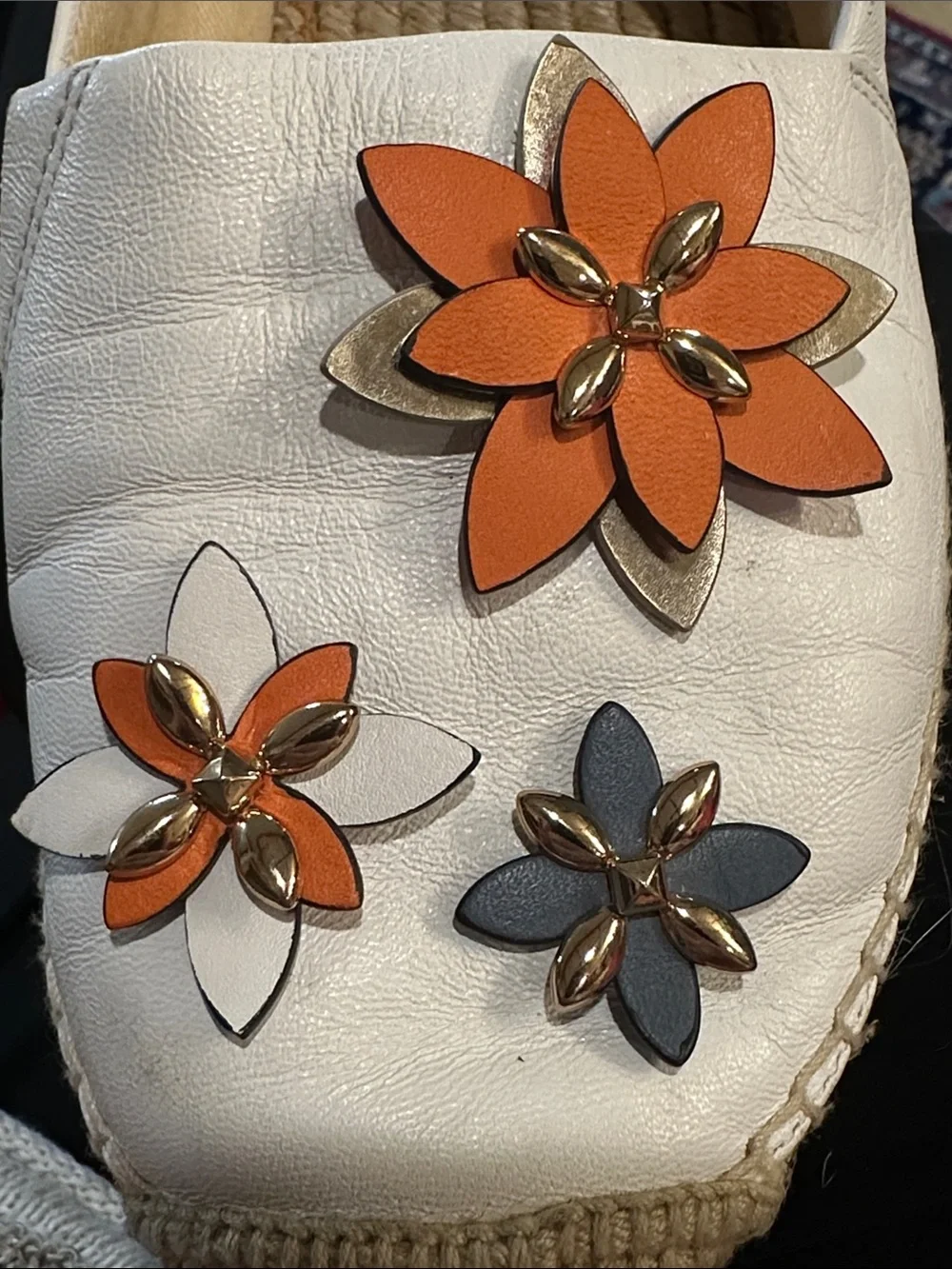 Michael Kors White Leather, Orange w/ Gold Beads Flowers Espadrilles Flats, 8 M